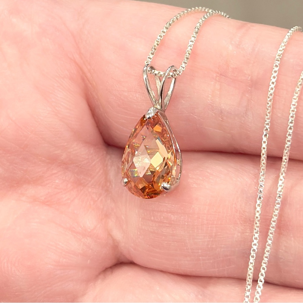 14K Citrine Teardrop Pendant, White Gold, Rose Pear Cut, Yellow Orange Cognac - Picture 12 of 16